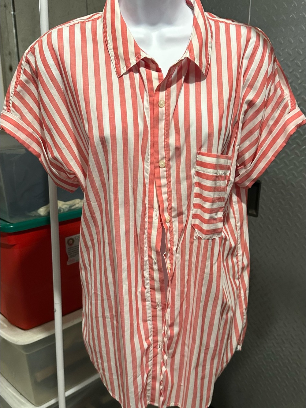 Calvin Klein Jeans Red and White Striped Button-Up Shirt